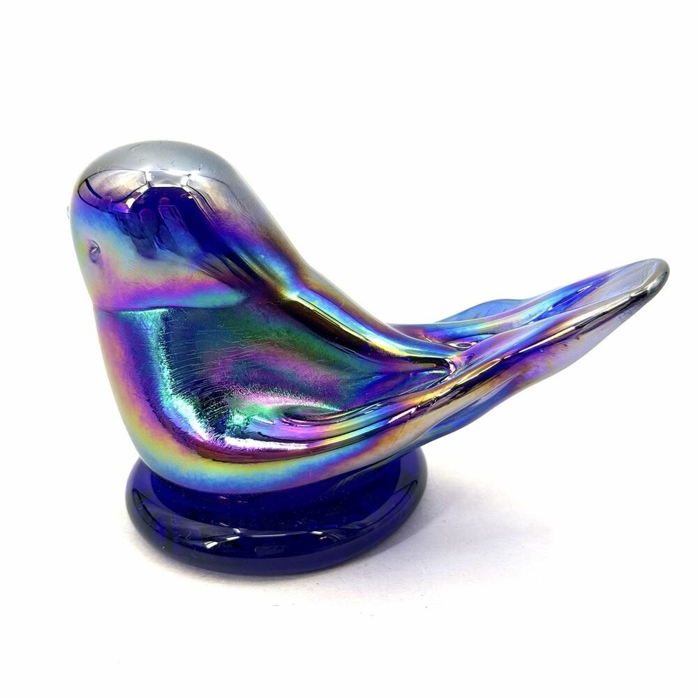 Signed Handblown Leo Ward 1990 Rainbow Bird Carnival Glass Figurine - Picture 3 of 9